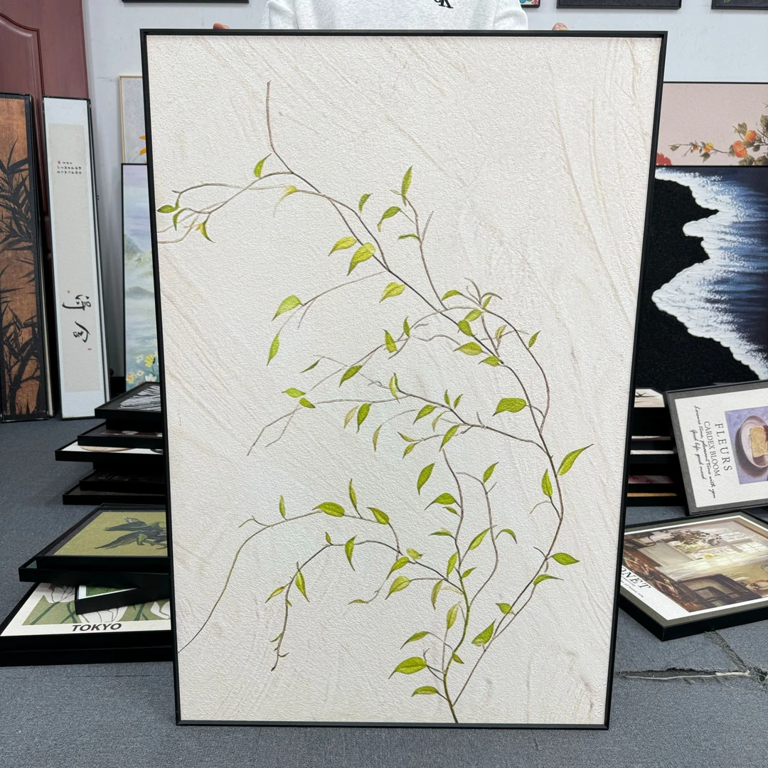 原木风客厅装饰画奶油风绿植沙发背景墙挂画玄关清新绿叶子80120