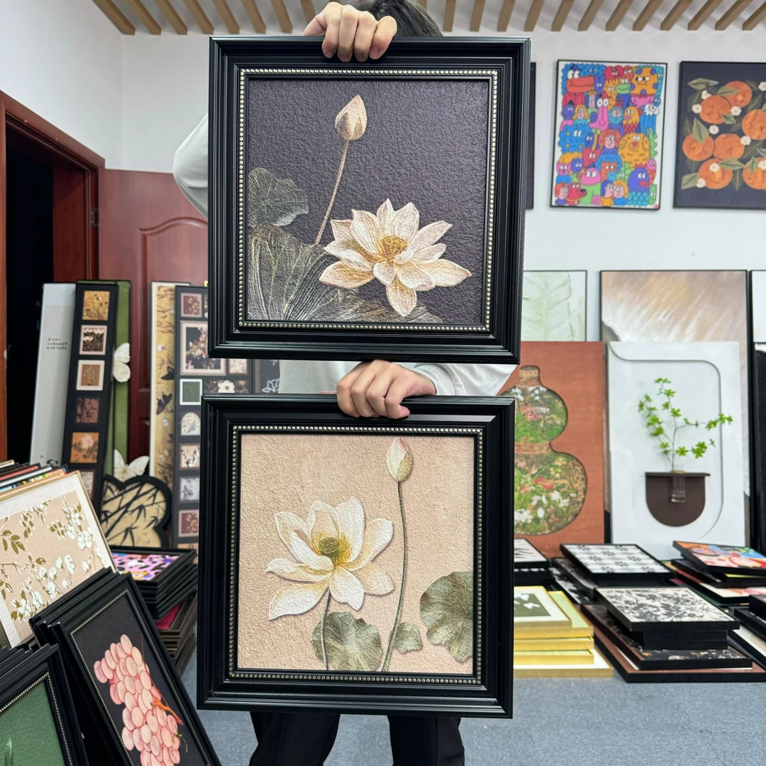 美式复古玄关过道装饰画荷花餐厅边柜壁画中古风客厅背景组合4040