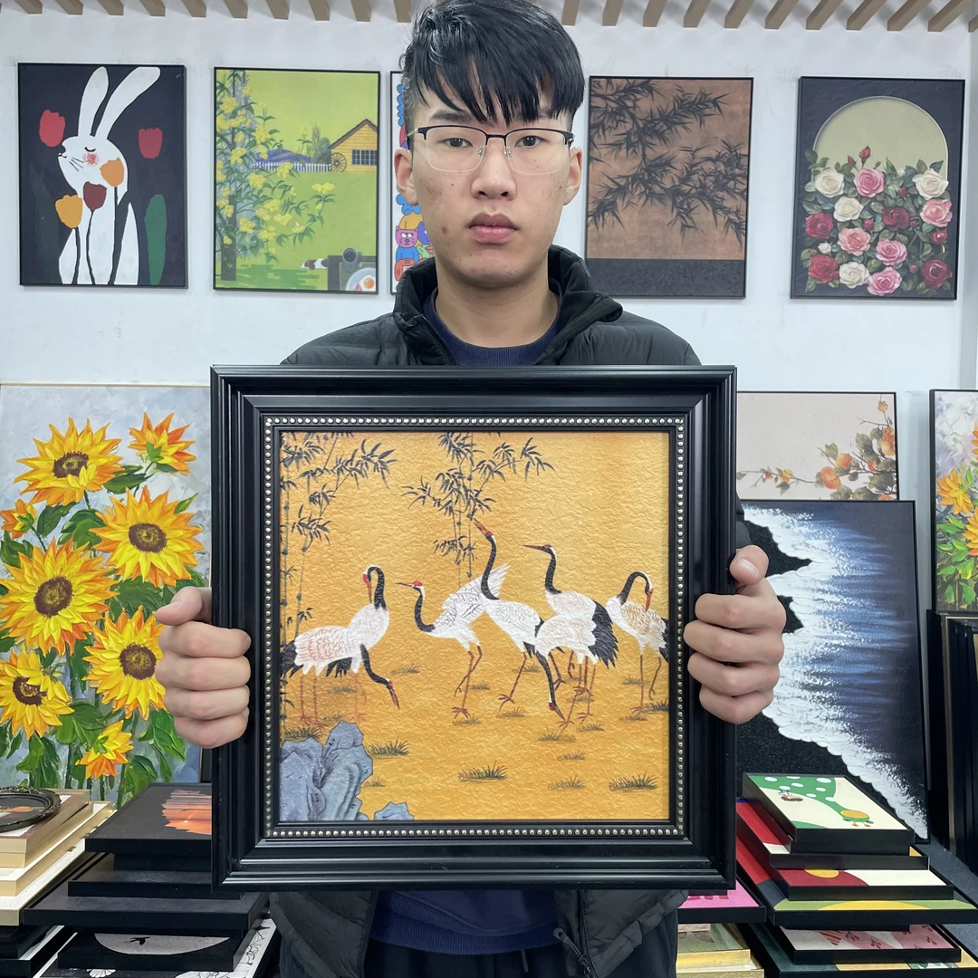 现代黄色复古风仙鹤客厅挂画沙发背景墙卧室装饰画方形壁画144