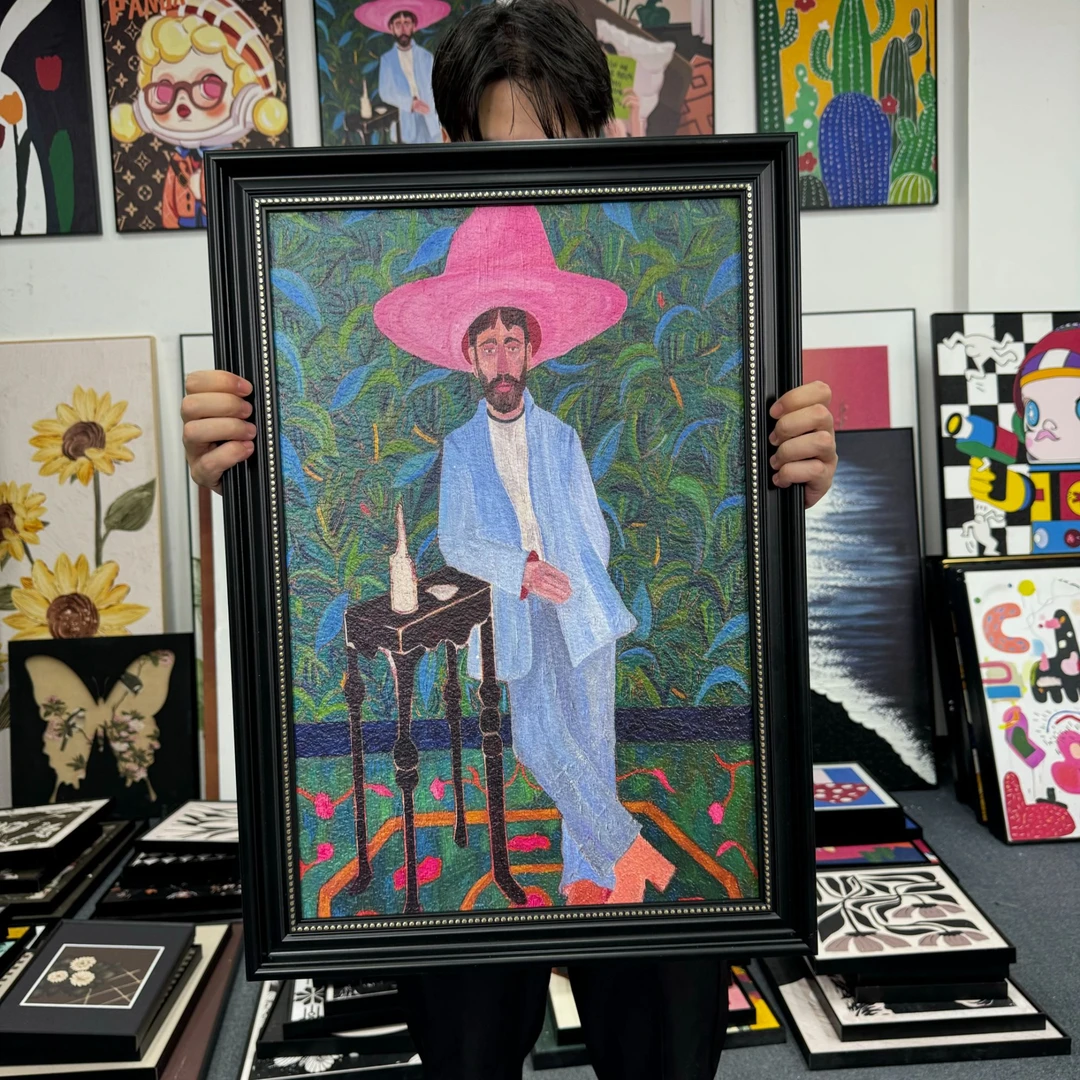 欧框粉红帽子西部人物高级感文艺装饰画复古画客厅挂画5070