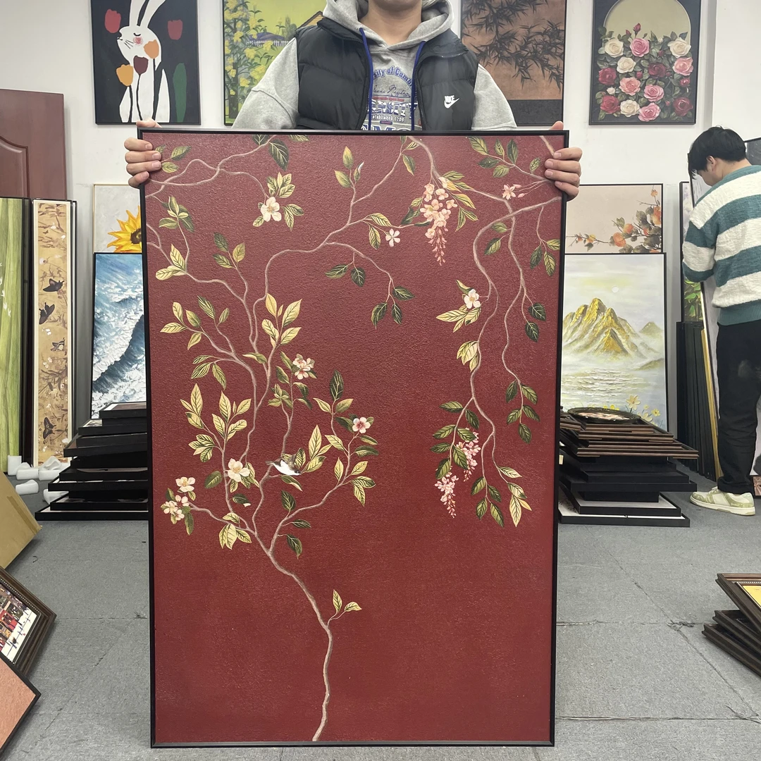 复古红底花卉中古风客厅装饰画法式复古沙发背景墙面挂画80120
