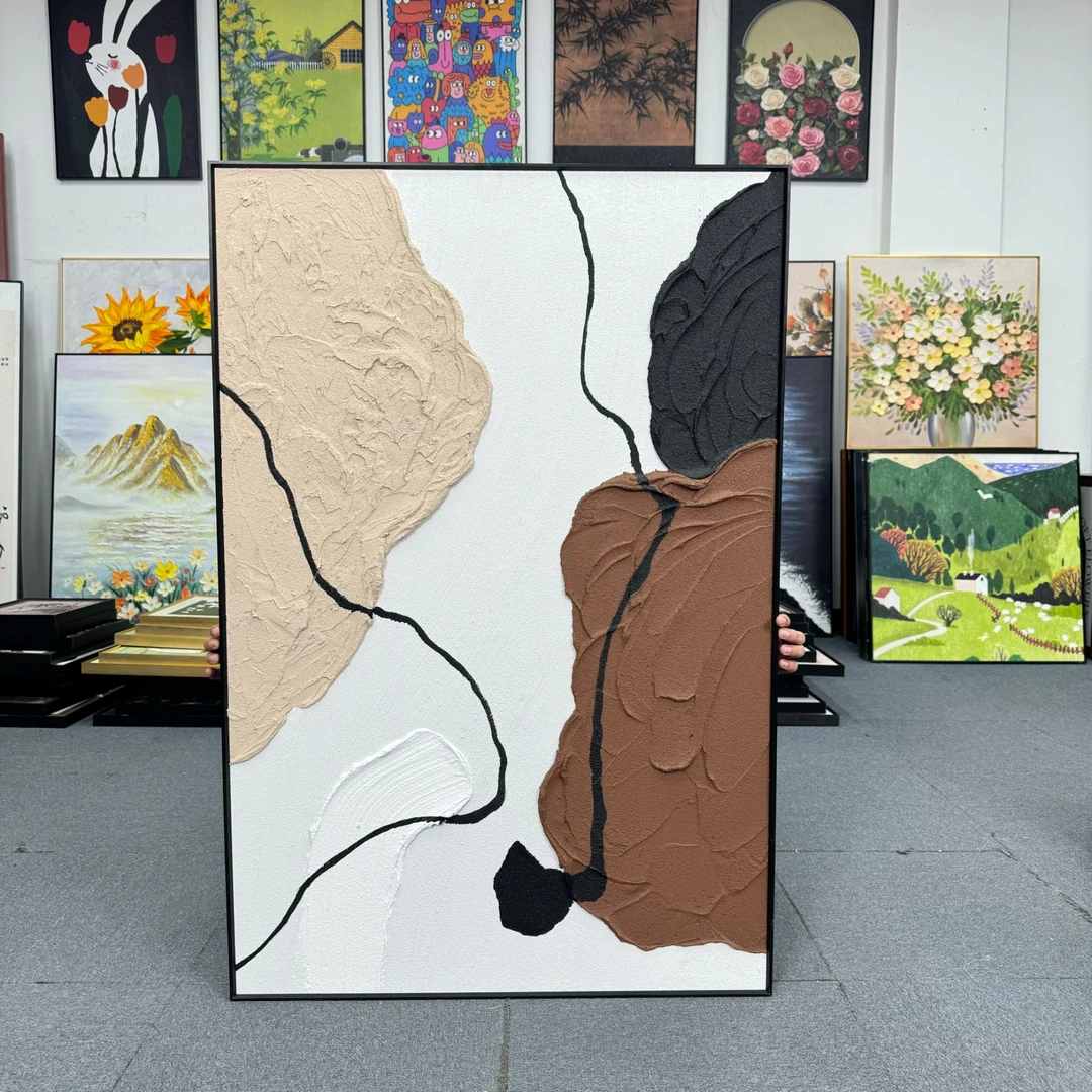 手绘肌理轻奢客厅高级黑白抽象落地入户玄关现代装饰画挂画8120