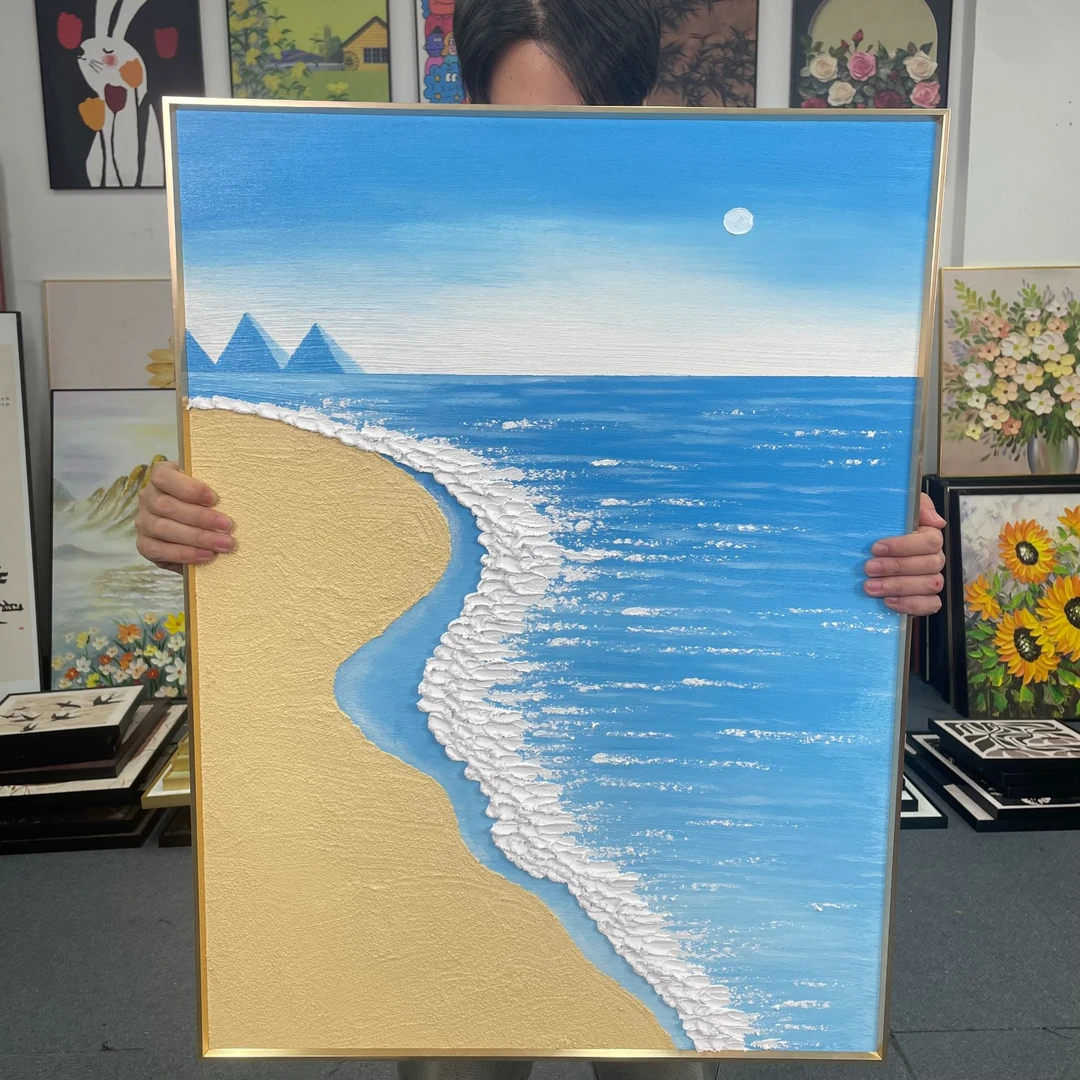 手绘奶油风客厅装饰画高级感沙发背景墙北欧风蓝海肌理挂画680