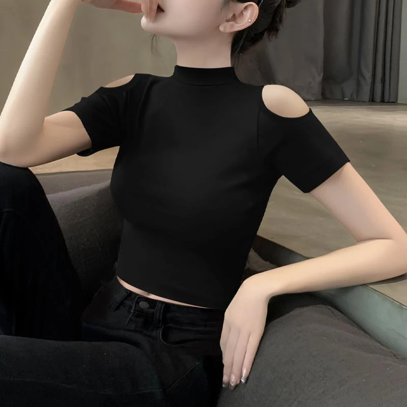 黑色短袖t恤女夏季2024新款露肩短款上衣修身纯棉设计感小众体恤