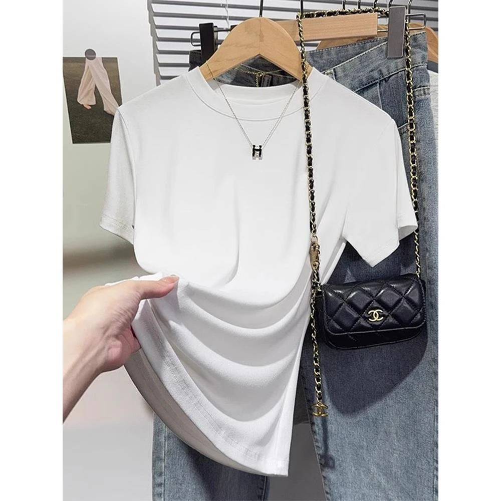 短袖t恤女正肩白色夏季小众设计感圆领上衣修身短款白T恤打底衫in