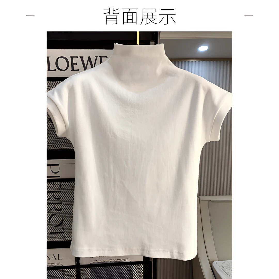 半高领短袖t恤女螺纹体恤紧身显瘦百搭夏季新款洋气别致上衣潮流