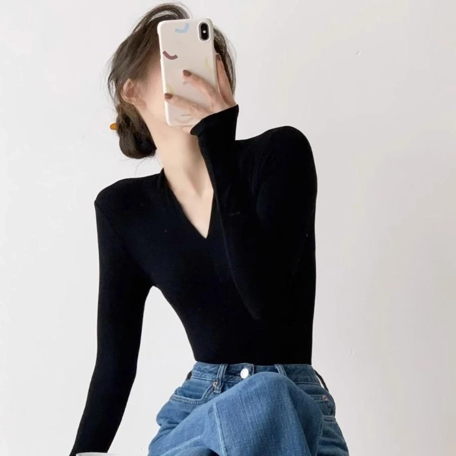 性感V领打底衫2023秋装新款黑色长袖T恤女修身显瘦内搭韩版上衣
