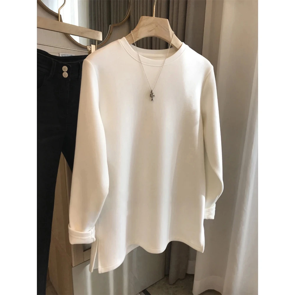 白色宽松德绒长袖打底衫女2024春秋磨毛圆领内搭T恤开叉上衣叠穿