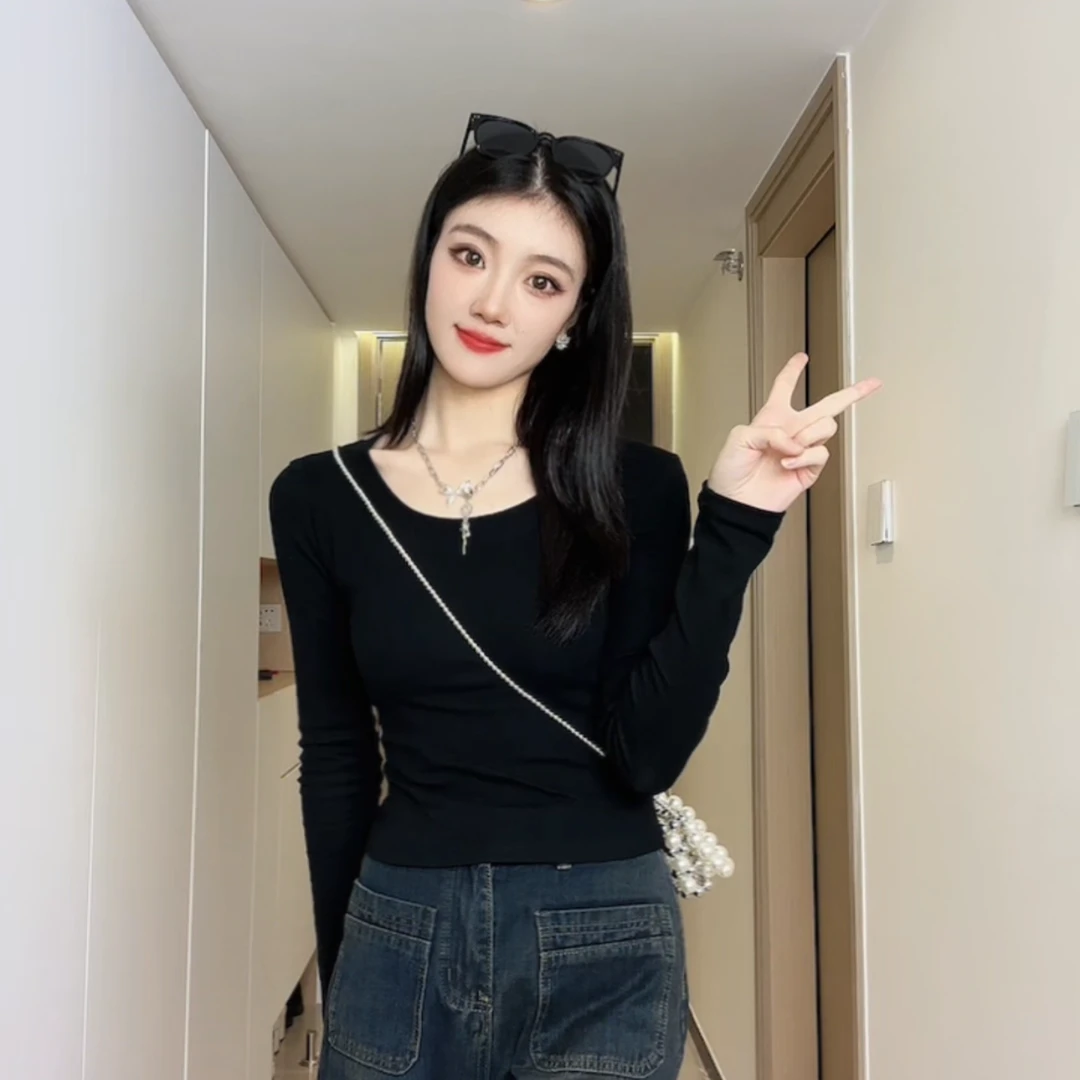 95棉新款修身显瘦辣妹圆领露锁骨长袖T恤打底衫女秋冬内搭上衣潮