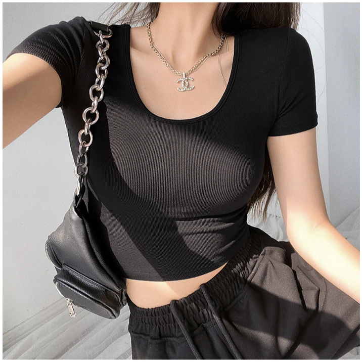 泫雅风性感修身显瘦短袖t恤女夏基础款圆领紧身短款露脐打底上衣