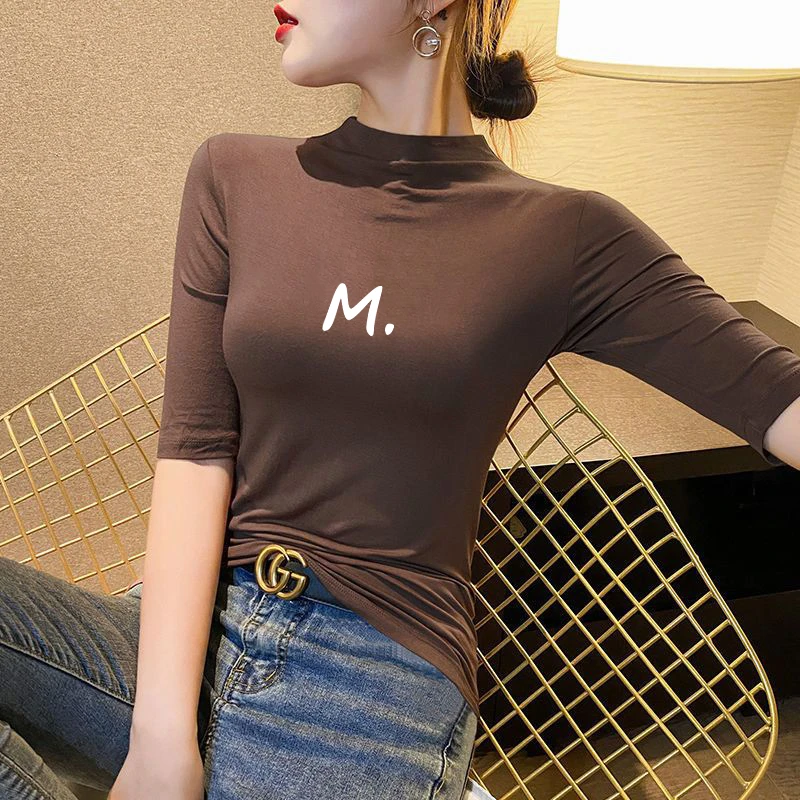 黑色莫代尔半高领t恤女中袖打底衫2024春夏秋季五分袖紧身上衣潮