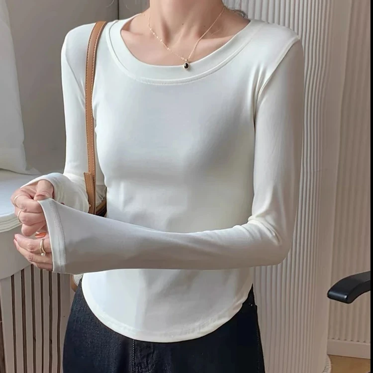 【弧形下摆修身款】长袖螺纹棉弹力显瘦内搭打底衫百搭不规则韩版