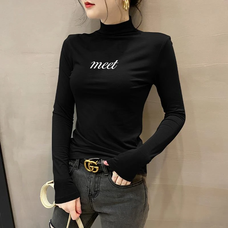 莫代尔黑色半高领长袖T恤女秋冬新款修身显瘦印花高级感小众上衣