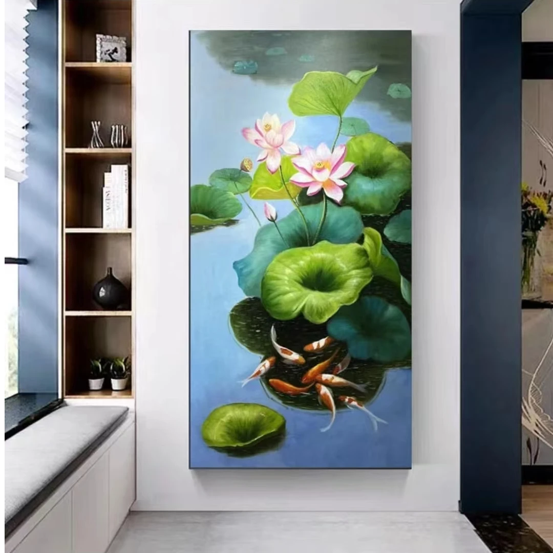 《玄关画》细笔九鱼荷花.    手绘环保尺寸发货现货现货手绘手绘