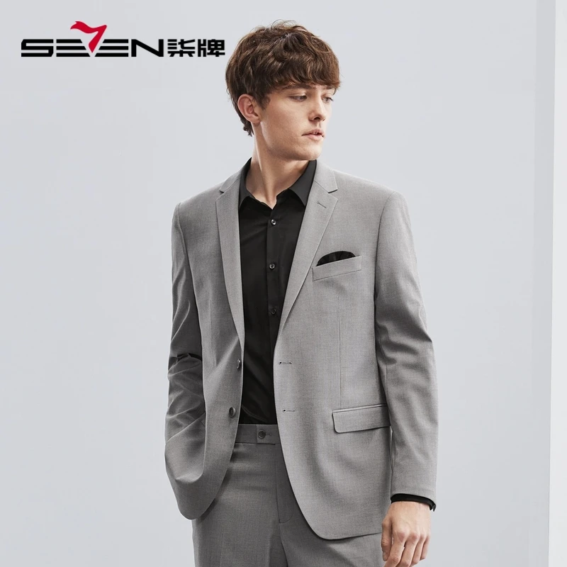 柒牌男士西服套装春季商务休闲韩版职业结婚桑蚕丝平驳领灰色礼服
