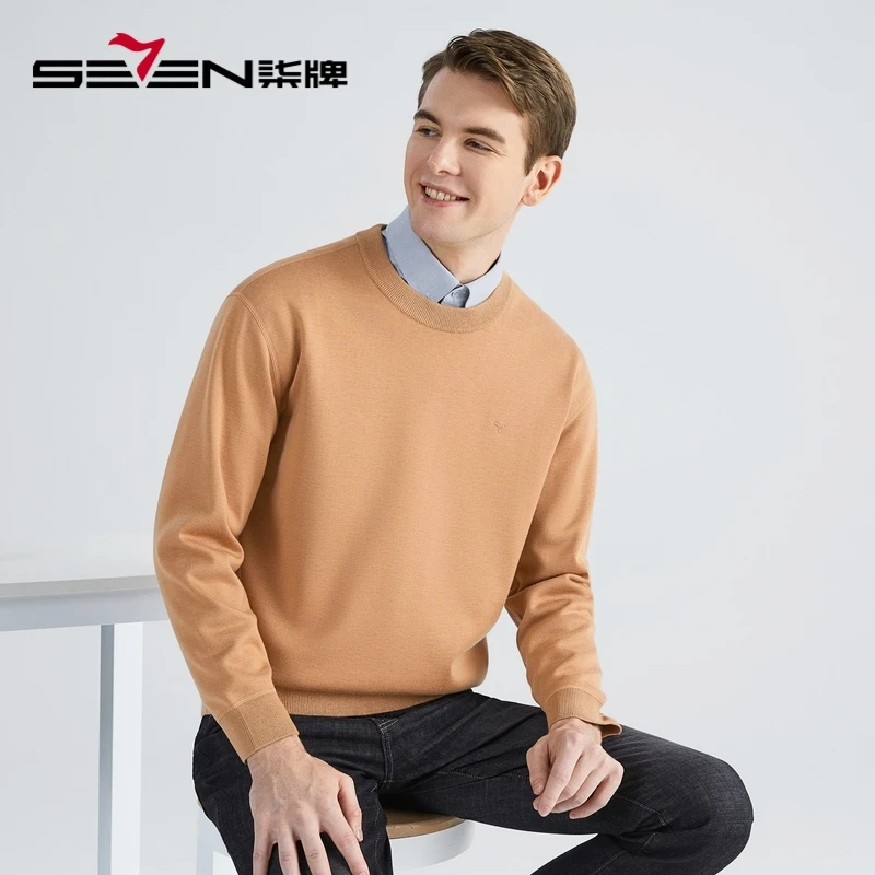 柒牌男士休闲加绒毛衣冬季时尚百搭保暖秋冬加厚纯色圆领长袖毛衫