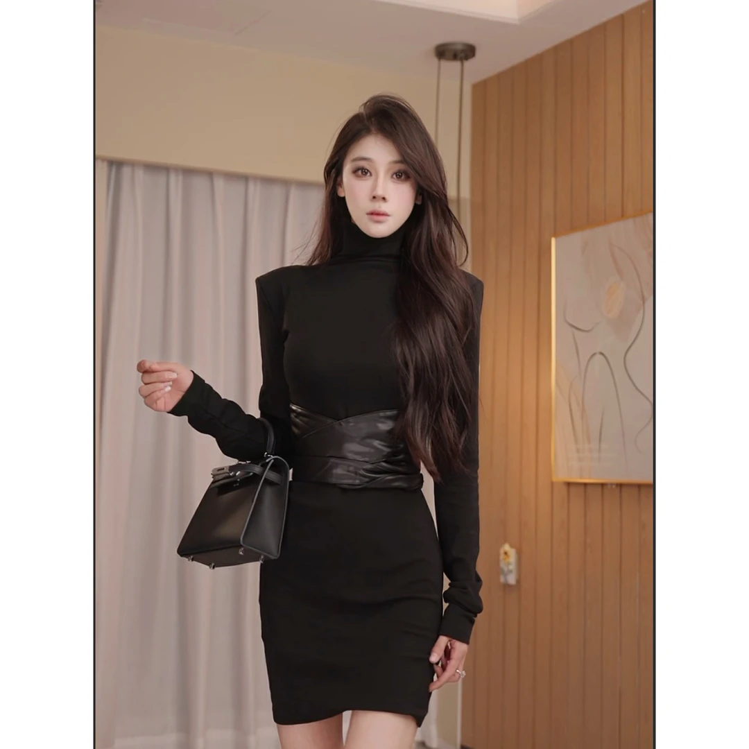 ABTIKS 黑色赫本风长袖性感包臀裙拼接收腰连衣裙时尚鱼尾裙