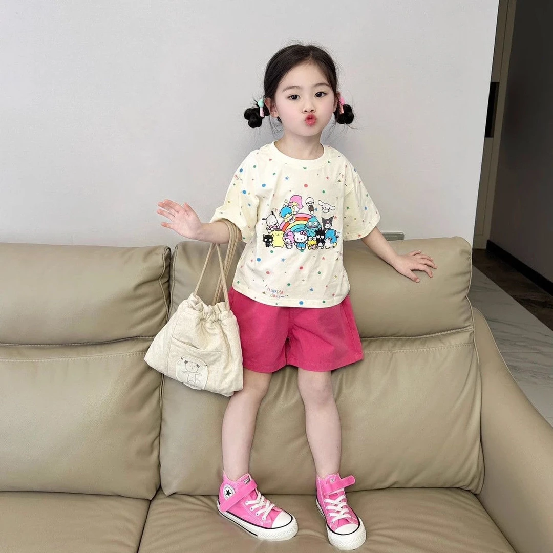 女童20024夏季休闲小女孩韩版彩色波点卡通图案印花T恤短裤两件套