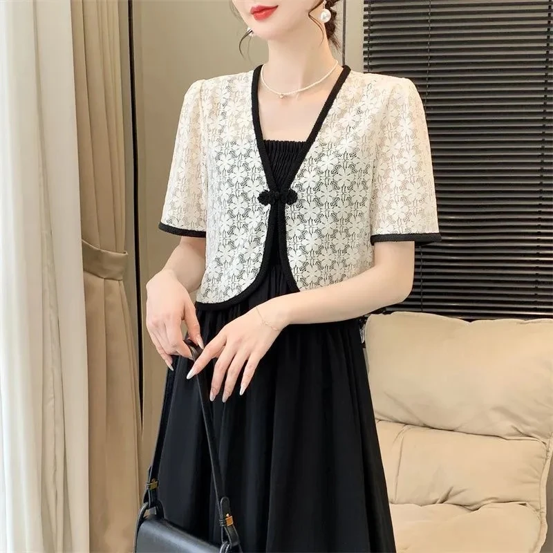 蕾丝防晒盘扣开衫上衣夏季薄款搭配吊带裙短袖披肩短款空调外套