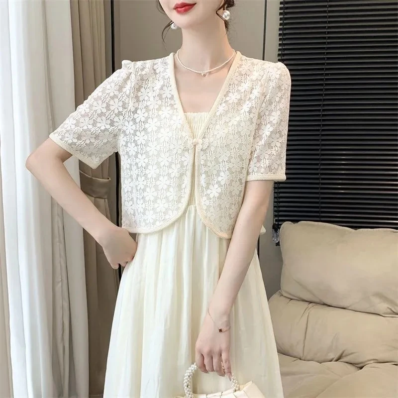 蕾丝披肩2025女外防晒新款开衫新中式夏季盘扣气质短袖短款外套女