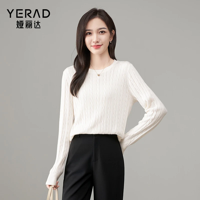 娅丽达温柔简约肌理米色针织衫女2024秋季新款套头毛衣长袖针织衫