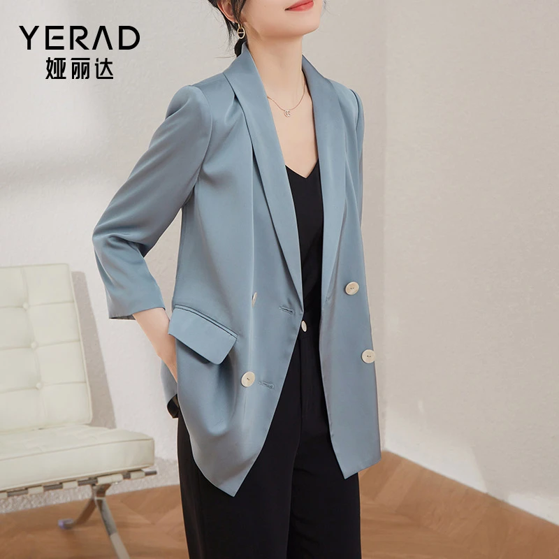 娅丽达垂顺西装外套女2023春季新款缎面大码女装七分袖一粒扣西服