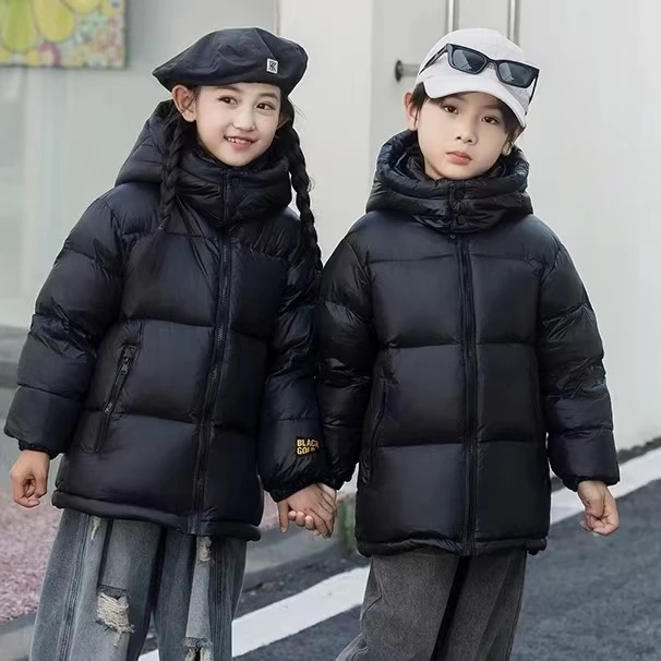 新款儿童黑金鹅绒服时尚洋气男女童保暖短款冬季加厚鹅绒连帽外套