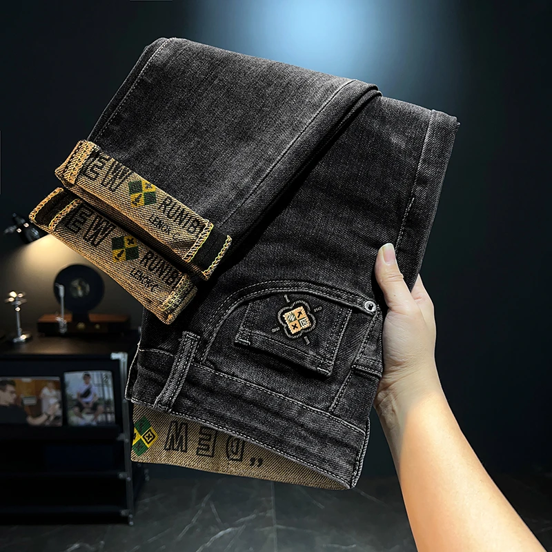 2023年秋冬新款男士牛仔裤潮流印花休闲时尚直筒宽松加绒长裤9121