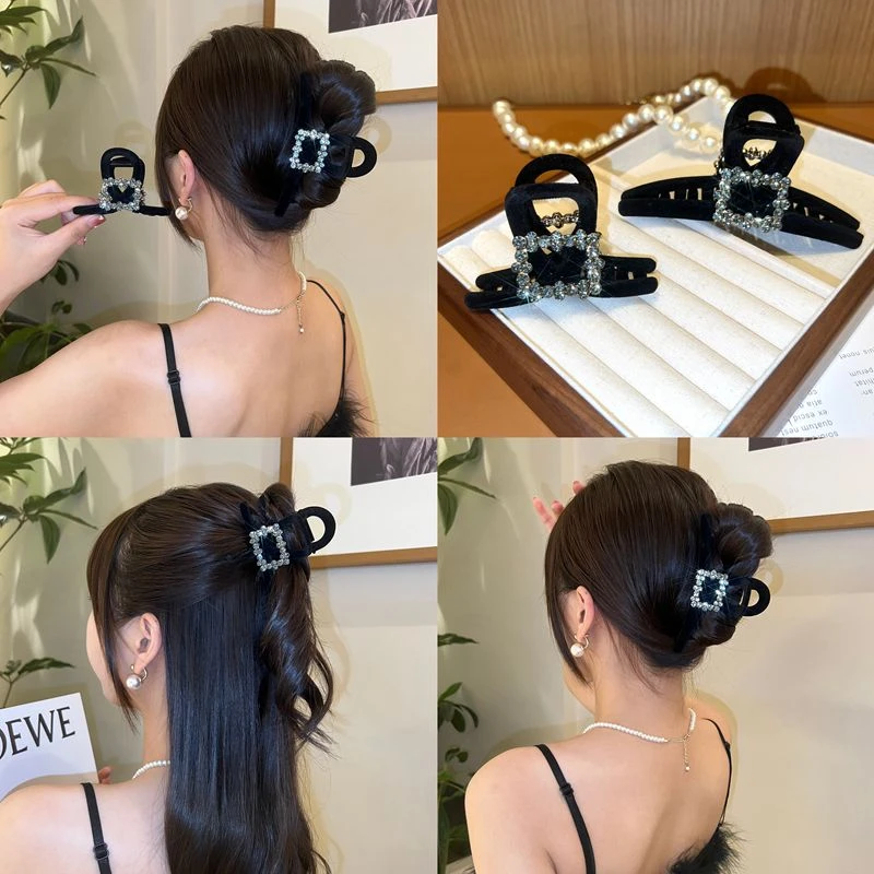 黑色植绒方形水钻抓夹轻奢后脑勺盘发鲨鱼夹复古法式高级感发夹女