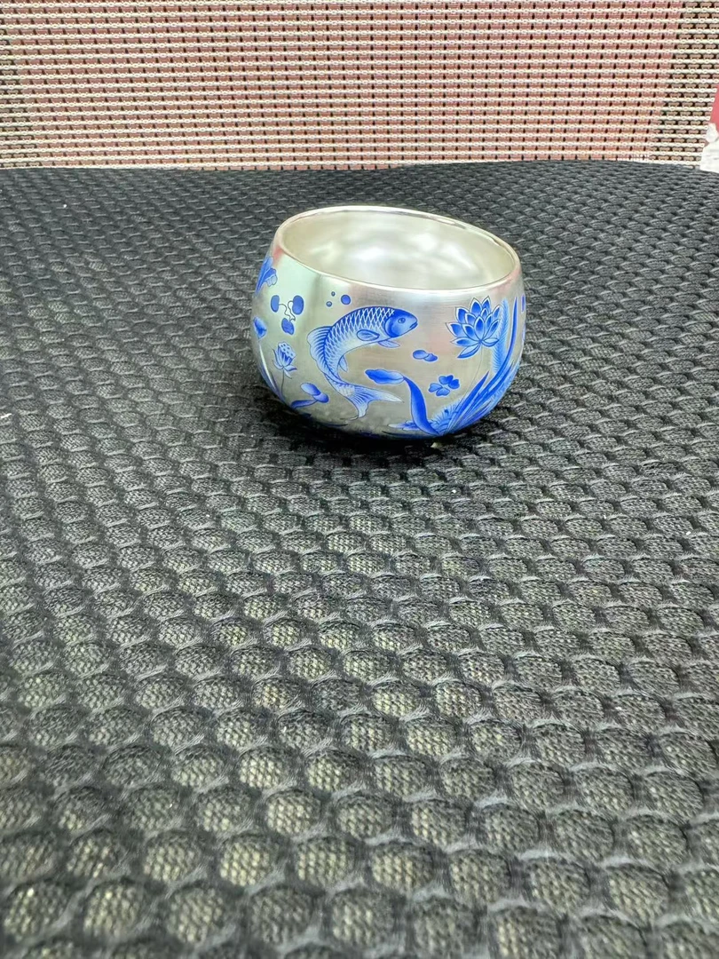 蓝莲鱼花啪花海浪纹银杯4039