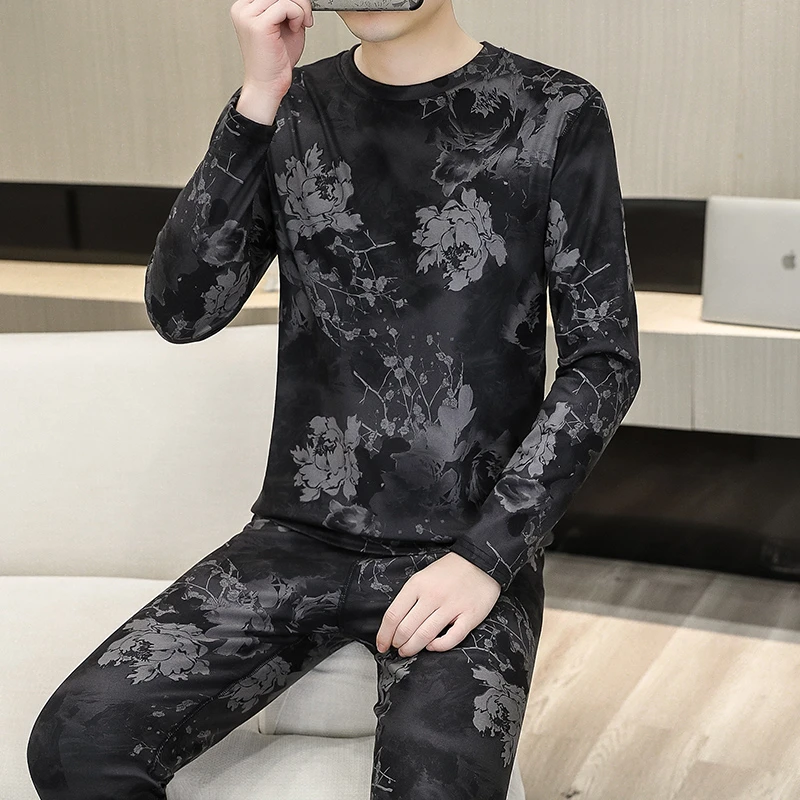 德绒男士秋衣秋裤两件套潮流欧洲站保暖内衣套装全身印花个性男装