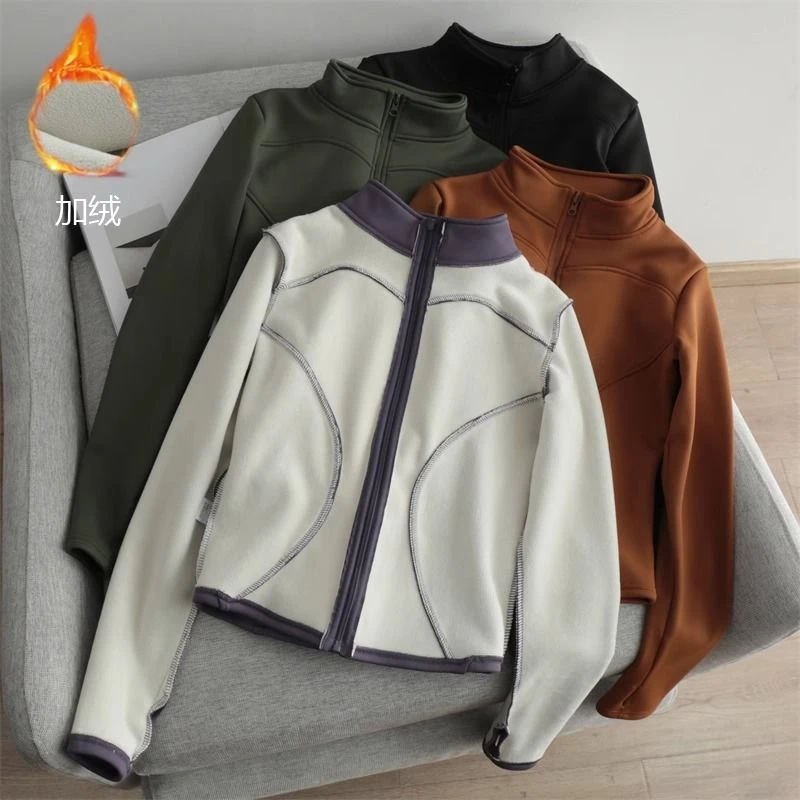 加厚加绒瑜伽塑形短外套女秋冬新款健身跑步保暖运动长袖拉链上衣