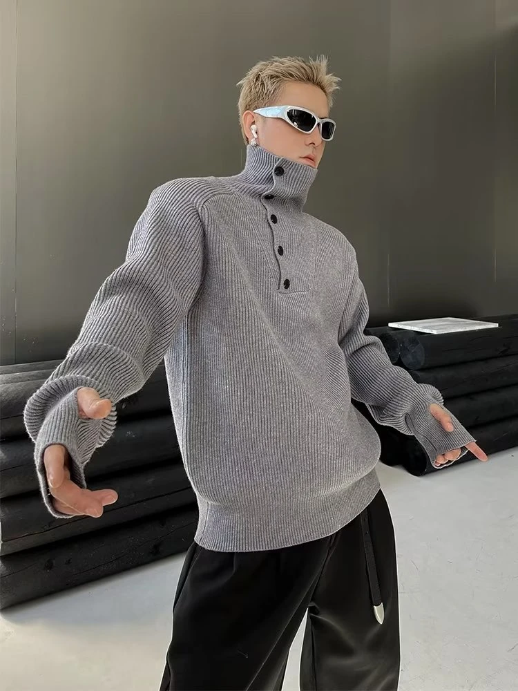 男装冬季高领毛衣男情侣百搭韩版青年纽扣设计感套头休闲针织衫