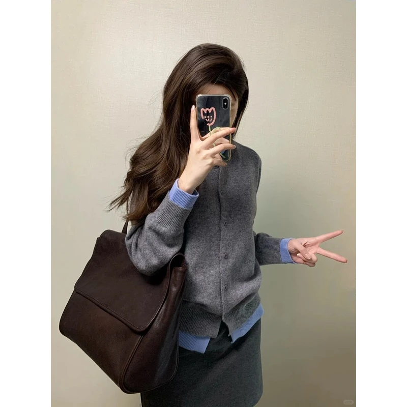 秋季女装2024爆款时尚洋气假两件开衫软糯长袖针织衫灰色毛衣外套