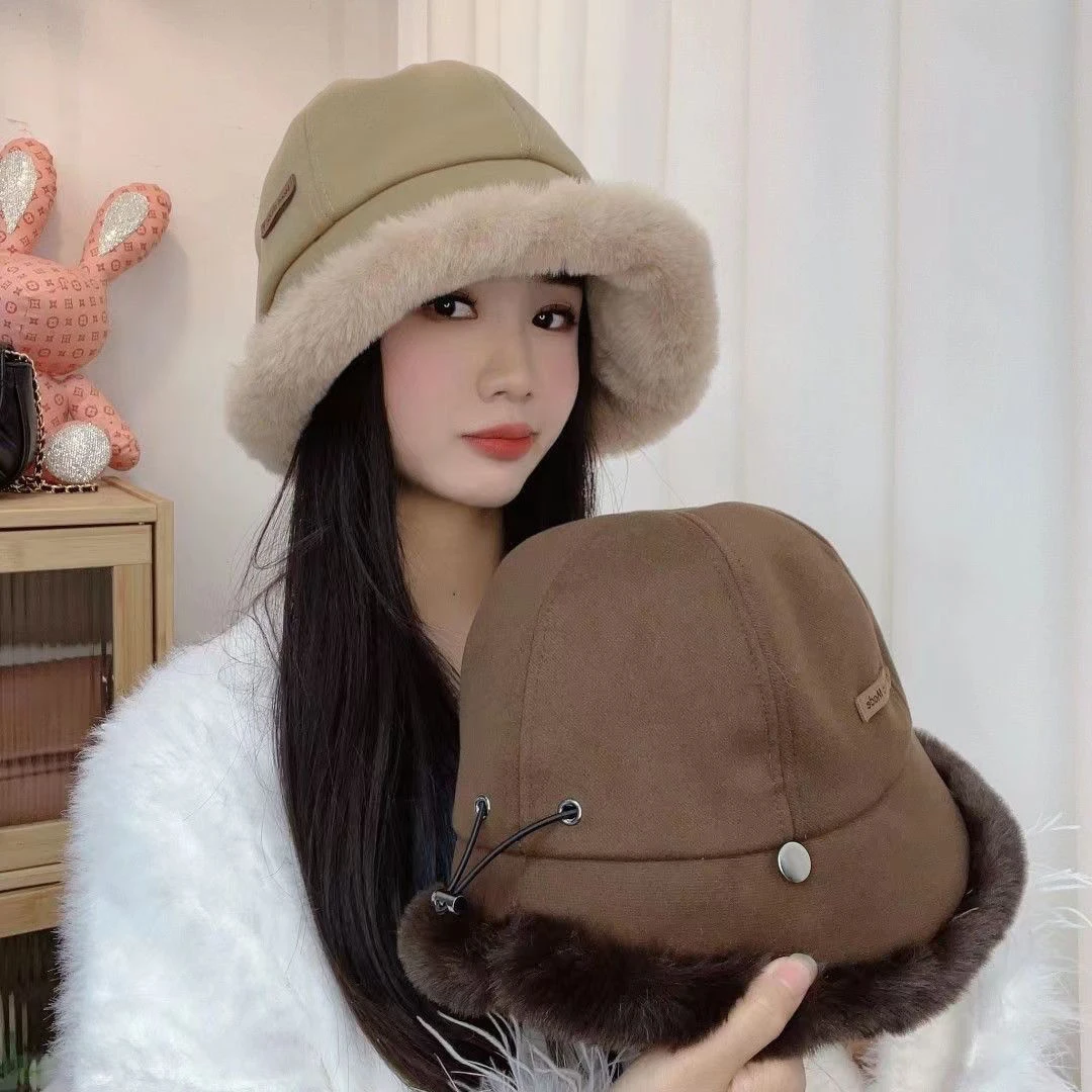 渔夫帽女2023新款秋冬季毛绒鸭舌帽大头围显脸小加厚保暖渔夫盆帽