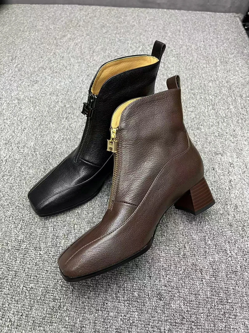 [丽尔手工鞋]4cm粗跟方头时尚气质百搭短靴女款爆款2024新款正品