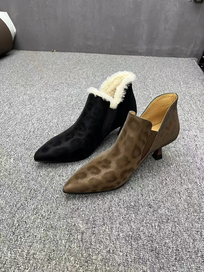 [丽尔手工鞋]跟高5cm细跟尖头气质时尚百搭牛皮简约秋冬女士短靴