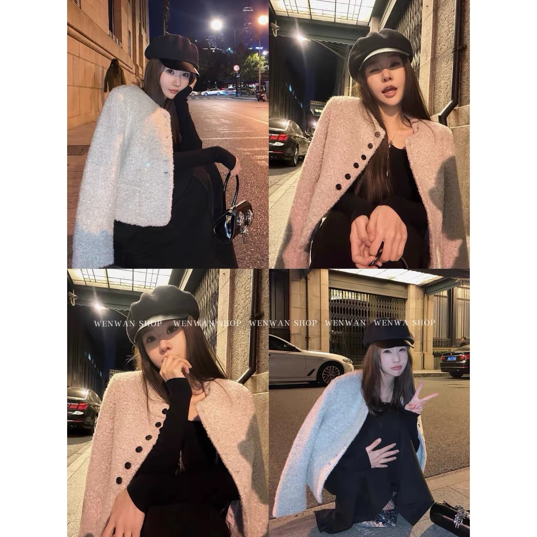 【千金茶话】法式气质圆领单排扣设计毛呢外套