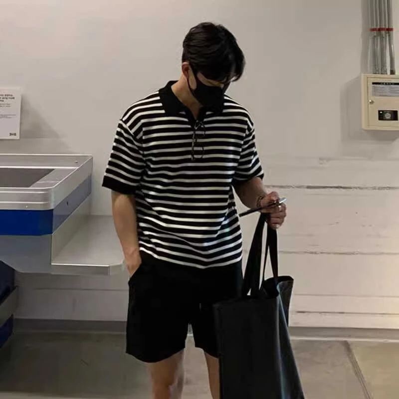 轻熟风男士条纹针织衫t恤polo衫短袖韩版潮流休闲百搭V领半袖上衣