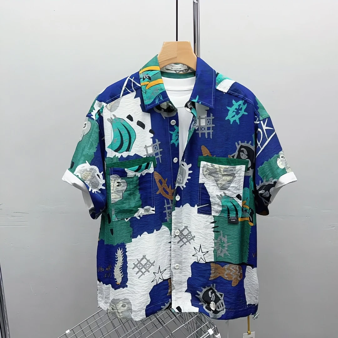 高级垂感亲肤涂鸦花衬衫男夏季潮牌痞帅休闲短袖亚麻料薄款衬衣潮