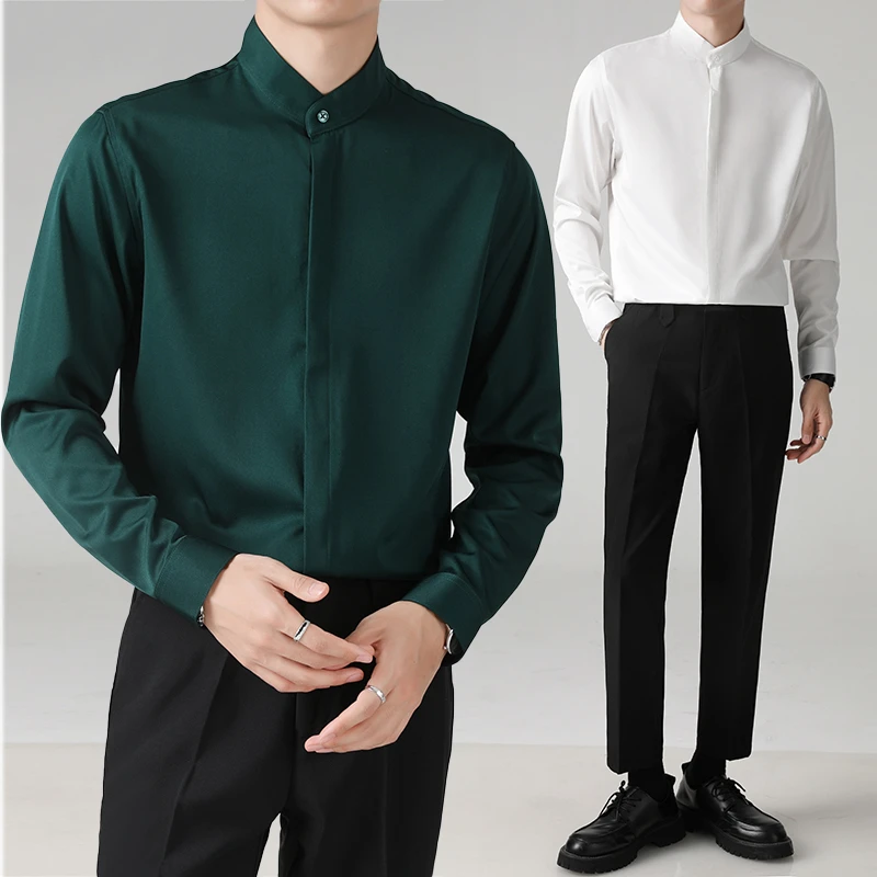 春季新款丝滑感立领衬衫男士时尚商务休闲免烫中式衬衣男正装潮