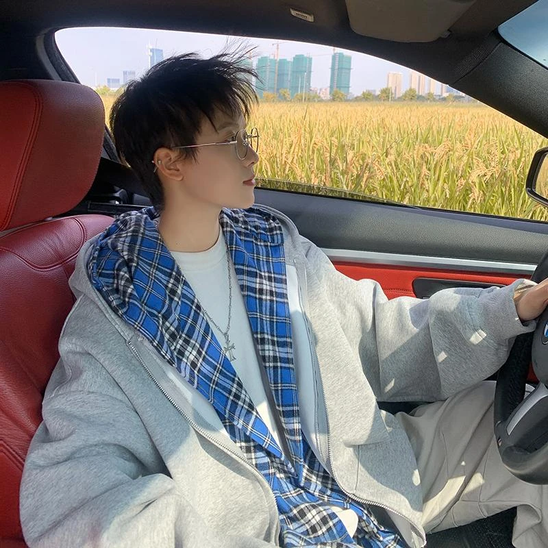 假两件连帽格子开衫卫衣男秋冬潮牌设计感美式cleanfit慵懒风外套