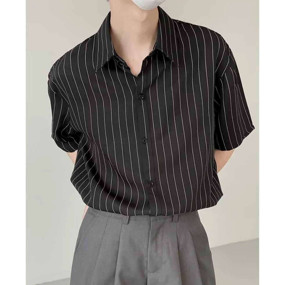 轻熟韩风宽松高级垂感条纹短袖衬衫男夏季薄款冰丝上衣痞帅衬衣潮