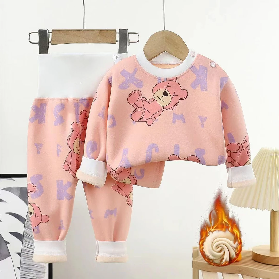 男女宝宝加绒高腰护肚套装儿童保暖衣加厚秋冬款卡通内衣婴儿服