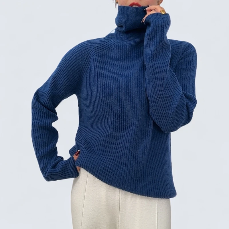 加厚堆堆领羊毛衫【100%美丽诺羊毛】竖坑条无缝一体针织打底衫8809