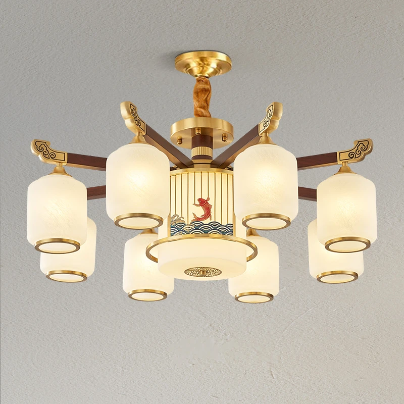 新中式铜加木福禄吊灯复古简约餐厅别墅卧室灯具客厅灯餐厅吊灯