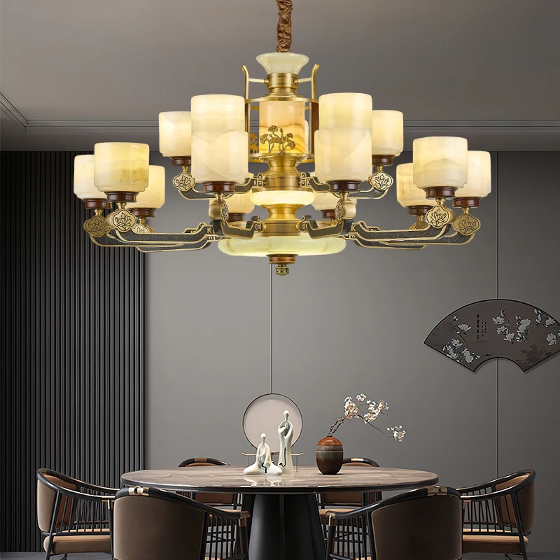 中式全铜吊灯玉石豪华餐厅灯复古一字灯卧室客厅灯餐厅吊灯吸烟