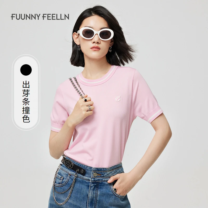 【达人专属】FF仿佛撞边毛针织衫短袖圆领修身T恤绣花FZ01517A1