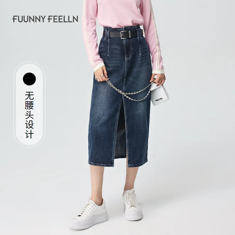 FF仿佛季牛仔开叉半裙女高腰直筒a字水洗复古FW00738