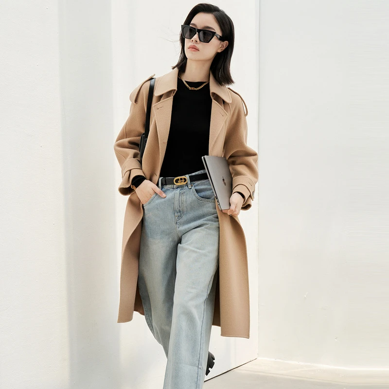 仿佛秋季毛呢外套女卡其色中长款时尚气质休闲百搭双面呢FL00265